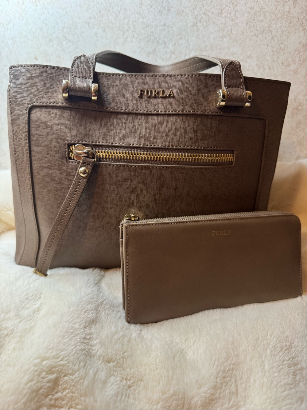 Furla Taupe Ginevra Saffiano Leather Satchel and wallet with Gold Hardware